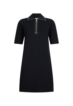 Abito nero con maniche corte, colletto con zip e superficie liscia. Design semplice e silhouette dritta. Realizzato in tessuto elastico.