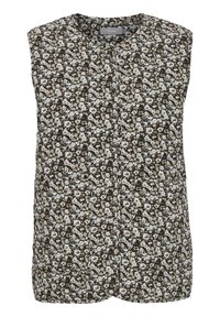 Kamizelka bez rękawów pikowana z małym białym i brązowym wzorem kwiatowym na ciemnym tle, okrągły dekolt i zapięcie na guziki z przodu.