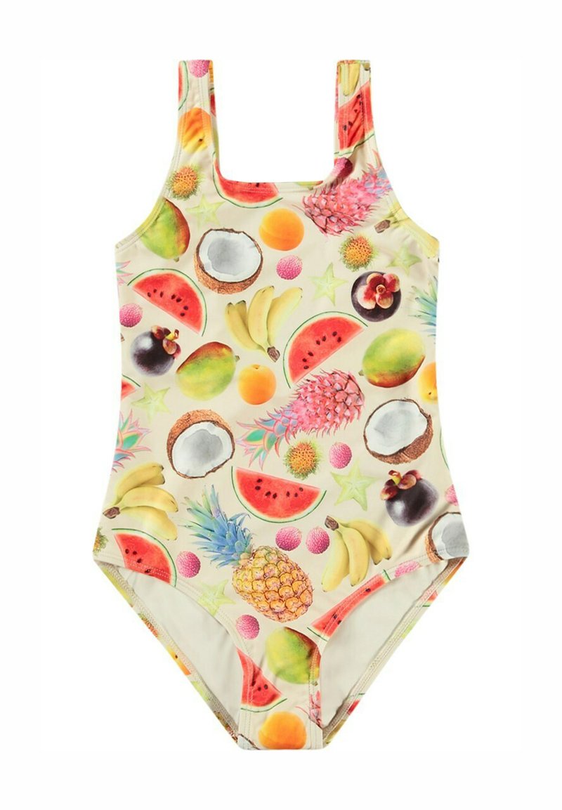 Eén-piece badpak met een kleurrijk fruitpatroon, waaronder watermeloen, bananen en ananas op een lichte achtergrond met brede banden.