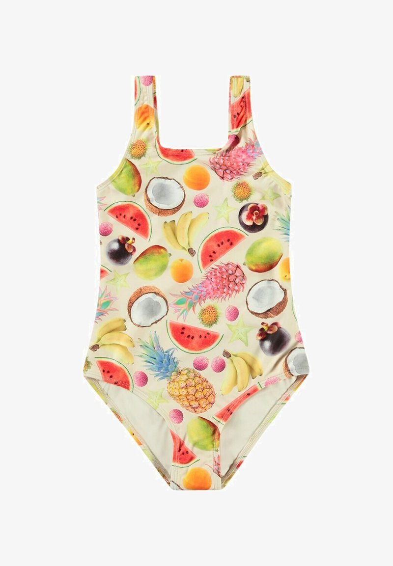 Yhdistekoon uimapuku, jossa on värikäs hedelmäkuvio, mukaan lukien vesimelonit, banaanit ja ananakset vaalealla taustalla ja leveillä olkaimilla.