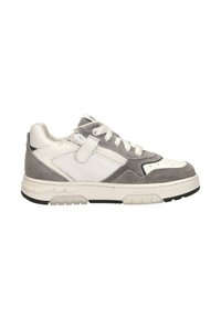 Grijze en witte sneaker met suède en leren materialen, een vetersluiting, geperforeerde neus en een gestructureerde rubberen zool.