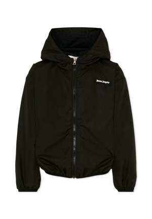 Giacca nera con zip e cappuccio, polsini e orlo elasticizzati, con una piccola patch bianca con il logo "Palm Angels" sul petto a sinistra.