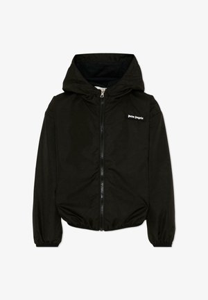 Giacca nera con zip e cappuccio, polsini e orlo elasticizzati, con una piccola patch bianca con il logo "Palm Angels" sul petto a sinistra.