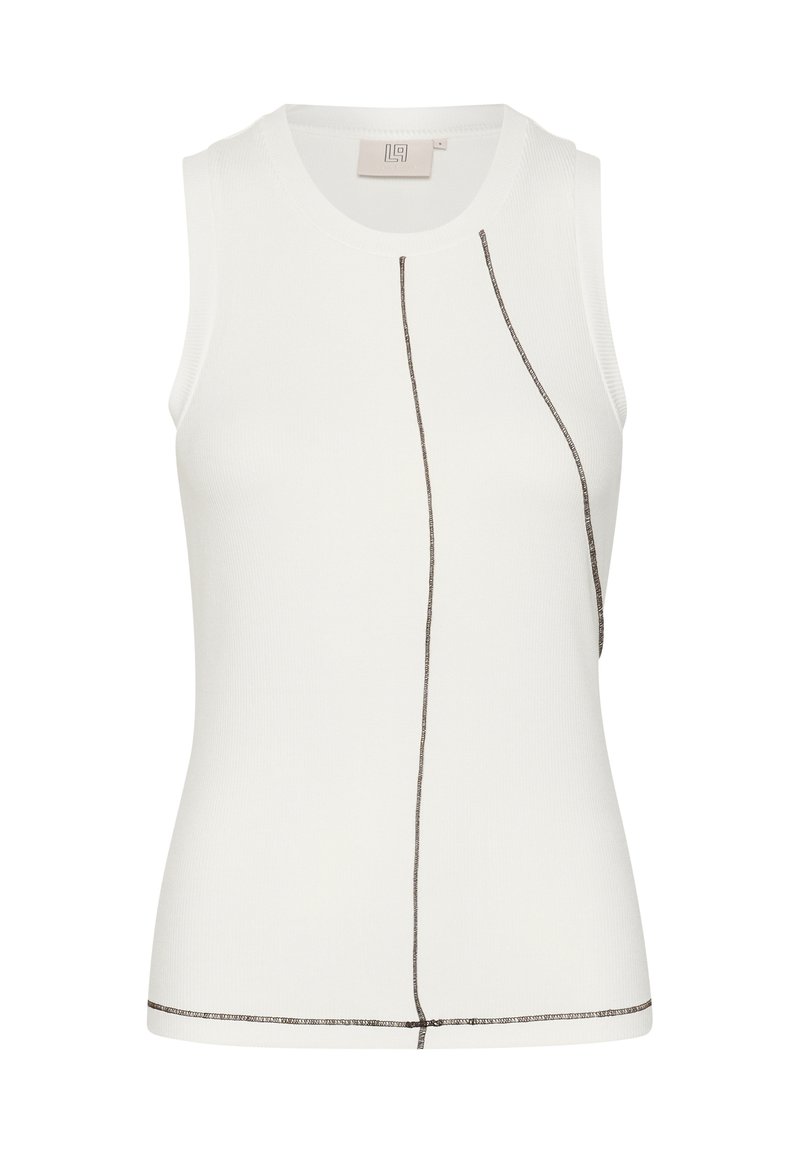Haut sans manches blanc avec une texture côtelée. Présente une couture brune asymétrique sur le devant et l'ourlet pour plus de détails.