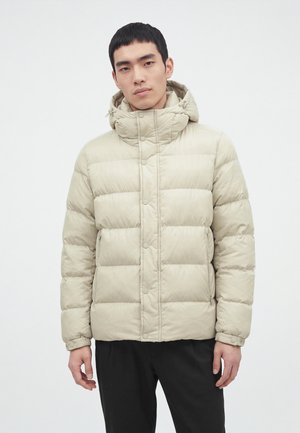 Junger Mann trägt eine beige Steppjacke mit Kapuze und schwarze Hose, steht vor weißem Hintergrund.