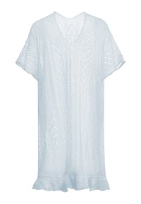 Hellblau gestrickter Überwurf mit kurzen Ärmeln, V-Ausschnitt, offener Rückseite und einem Rüschensaum, der ein durchgehendes Diamantmuster aufweist.