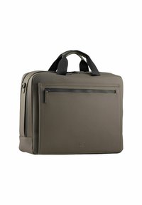 Dunkelgraue Laptoptasche aus glattem synthetischem Material. Verfügt über Oberhandgriffe, eine vordere Reißverschlusstasche und dezente Nähdetails.