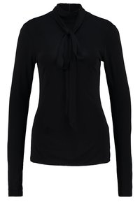 Top fitted a maniche lunghe nero con collo alto e dettaglio della sciarpa annodata sul davanti, design semplice senza fantasie o loghi.