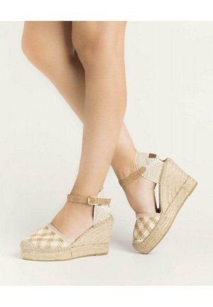Jambes portant des sandales compensées beige tissées avec des brides à la cheville, se tenant sur un fond clair et uni.
