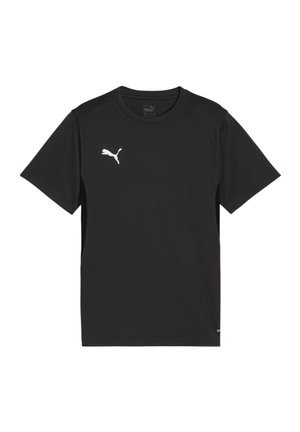Schwarz-weitendes Sport-T-Shirt aus leichtem, atmungsaktivem Gewebe. Mit kurzen Ärmeln und einem weißen Logo auf der linken Brust. Einfaches, sauberes Design.