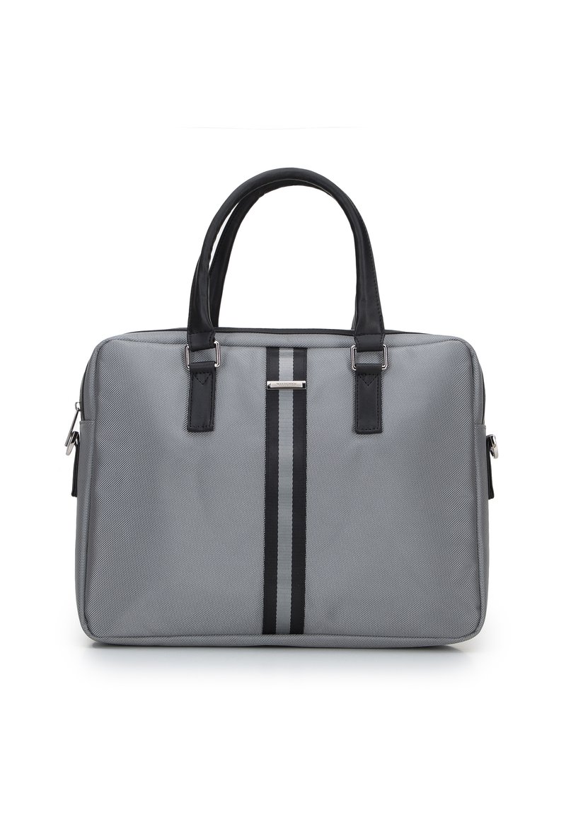 Grijze textiel laptoptas met zwarte leren handvatten en accenten, met aan de voorkant twee verticale zwarte strepen. Rechthoekige vorm, met ritssluiting.
