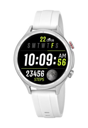 Biały smartwatch z cyfrowym wyświetlaczem pokazującym czas 10:09:56, datę piątek 22, 23 456 kroków oraz ikonę fazy księżyca.