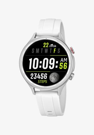 Montre connectée blanche avec affichage numérique indiquant l'heure 10:09:56, la date vendredi 22, 23 456 pas, et une icône de phase lunaire.