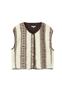 Gilet en polaire de couleur crème avec des rayures marron à motif, encolure ronde et fermeture boutonnée à l'avant. Conception sans manches et texture douce.