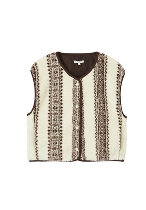 Gilet en polaire de couleur crème avec des rayures marron à motif, encolure ronde et fermeture boutonnée à l'avant. Conception sans manches et texture douce.