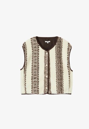 Gilet en polaire de couleur crème avec des rayures marron à motif, encolure ronde et fermeture boutonnée à l'avant. Conception sans manches et texture douce.