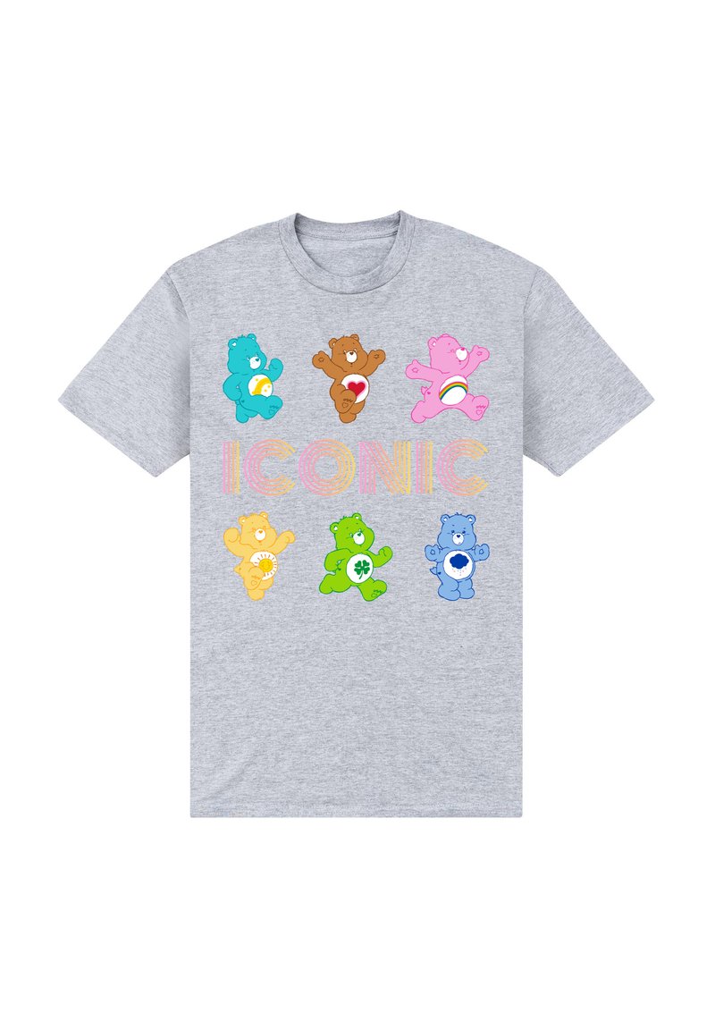 Camiseta gris con osos de dibujos animados coloridos en varias poses. El texto dice "ICÓNICO" en letras multicolores sobre los osos.