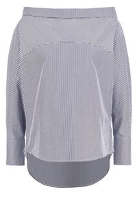 Top a spalle scoperte a righe in blu navy e bianco, con maniche lunghe, orlo curvo e vestibilità comoda in tessuto testurizzato.