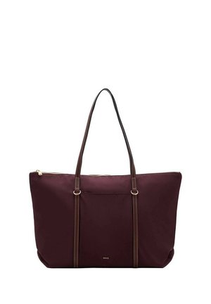 Borsa a tracolla bordeaux con manici in pelle marrone, chiusura con zip e tasca frontale. Realizzata in tessuto resistente, presenta un branding minimale.