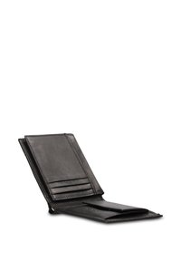 Portafoglio in pelle nera con molteplici scomparti per carte e una tasca per monete. Presenta una texture liscia e un design sottile e pieghevole.