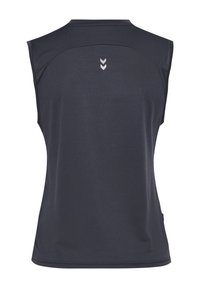 Ärmelloses dunkelgraues Sporttop, von hinten gezeigt, mit kleinem weißem Doppel-Chevron-Logo nahe dem Halsausschnitt.