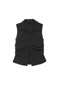 Schwarzes ärmelloses Oberteil mit kragenförmigem Ausschnitt, das eine geraffte Textur an der Vorderseite und einen ausgestellten Saum für eine taillierte Passform aufweist.