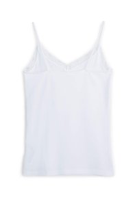 Camisole bianca con spalline sottili regolabili. Presenta un accento in pizzo lungo il scollo, realizzata in un tessuto morbido ed elastico. Design semplice e aderente.