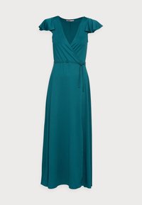 Teal Wickelkleid aus weichem Stoff mit kurzen Rüschärmen, tiefem V-Ausschnitt und gebundenem Taillenband für eine verstellbare Passform. Langer, fließender Schnitt.