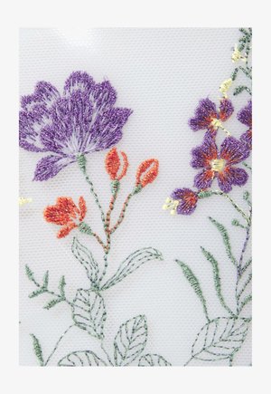 Embroidered floral design on sheer white fabric. Features purple and orange flowers with green leaves, showcasing intricate stitching and texture.