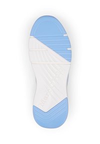 Suola della scarpa con un motivo testurizzato, una sezione in gomma blu e una base bianca. Logo "Marc O'Polo" impresso nell'area bianca.