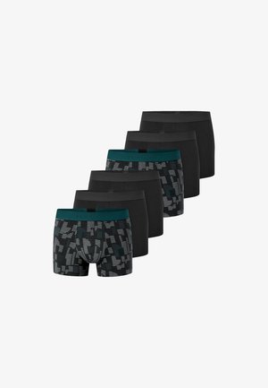 Sechs Paare Herrenboxershorts in Schwarz und gemustertem Dunkelgrau, in versetzter Reihe auf weißem Hintergrund angeordnet.