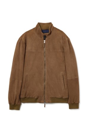 Bruine suède bomberjack met een hoge kraag, ritssluiting aan de voorkant, zijzakken en geribbelde manchetten in een contrasterende olijfgroene tint. Overal een gladde textuur.