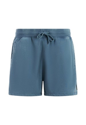 Blauwe sportshorts van gladde stof, voorzien van een elastische tailleband met verstelbare trekkoord en zijzakken.