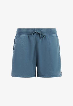 Blauwe sportshorts van gladde stof, voorzien van een elastische tailleband met verstelbare trekkoord en zijzakken.
