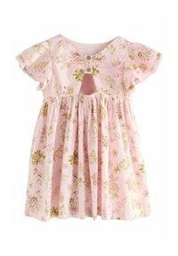 Pink short-sleeve baby dress with green and brown floral pattern, gathered waist, and two buttons above a small chest cut-out.