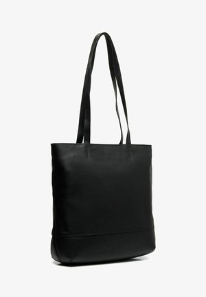 Borsa tote in pelle nera con due lunghe tracolle, forma rettangolare, texture liscia e design minimalista. Nessun hardware o motivo visibile.