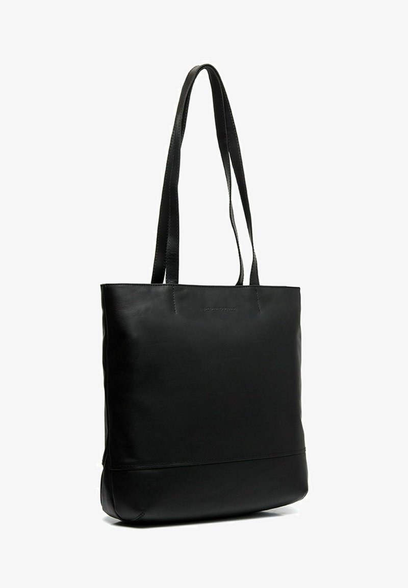 Zwarte leren schoudertas met twee lange schouderbanden, rechthoekige vorm, gladde textuur en minimalistisch ontwerp. Geen zichtbare hardware of patronen.