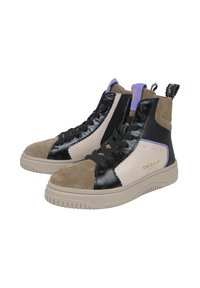 Wysokie sneakersy z czarnej skóry, beżowymi i brązowymi zamszowymi panelami, fioletowymi akcentami, teksturowanym sznurowaniem i gumową podeszwą. Posiadają logotyp.