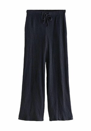 Wijde-benen broek van gestructureerde donker stof, met een elastische tailleband en een koord voor een verstelbare pasvorm.