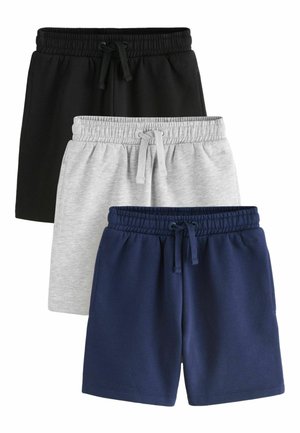 Drei Paar Shorts mit elastischem Bund in Schwarz, Hellgrau und Marineblau, jeweils mit Frontkordelzug und Seitentaschen.