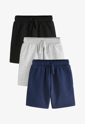 Drei Paar Shorts mit elastischem Bund in Schwarz, Hellgrau und Marineblau, jeweils mit Frontkordelzug und Seitentaschen.