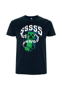Czarny bawełniany t-shirt z pikselowym wzorem zielonej postaci z białymi i niebieskimi akcentami oraz symbolami dolara wokół. Standardowe dopasowanie.