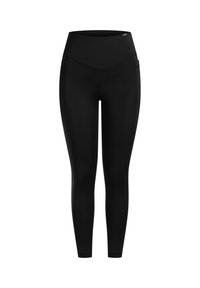 Zwarte high-waisted leggings met een gladde, rekbare textuur. Kenmerkt zich door zijzakken en platte naden voor een gestroomlijnd ontwerp.