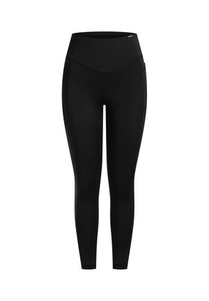 Zwarte high-waisted leggings met een gladde, rekbare textuur. Kenmerkt zich door zijzakken en platte naden voor een gestroomlijnd ontwerp.