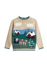 Hellbeige gestrickter Pullover mit buntem gesticktem Motiv von Santa in einem Schlitten, zwei Rentieren, Bäumen und Häusern, mit grünen Akzenten.