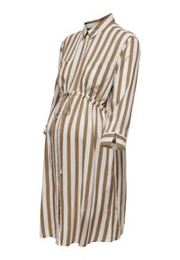 Robe chemise rayée avec des rayures verticales marron et blanches, boutonnée sur le devant, taille nouée, et manches longues avec détail aux poignets.