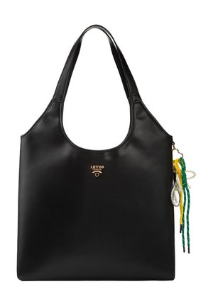 Schwarze Ledertasche mit doppelten Griffen, goldenem "19V69 Italia"-Logo und buntem Schlüsselanhänger mit grünen und gelben Bändern sowie Perlendetails.