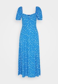 Niebieska sukienka w kwiaty z krótkimi bufkami, kwadratowym dekoltem i zwiewnym dołem. Posiada białe wzory kwiatowe na całej tkaninie.