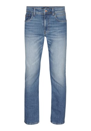 Blaue, ausgewaschene Denim-Jeans mit geradem Bein, vorn mit Knopf- und Reißverschluss, vorne und hinten Taschen sowie Gürtelschlaufen.