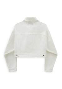 Geknipte witte denimjas met een puntkraag, lange mouwen en drukknoopaccenten aan de onderkant en de manchetten. Vlotte textuur, minimalistisch ontwerp.